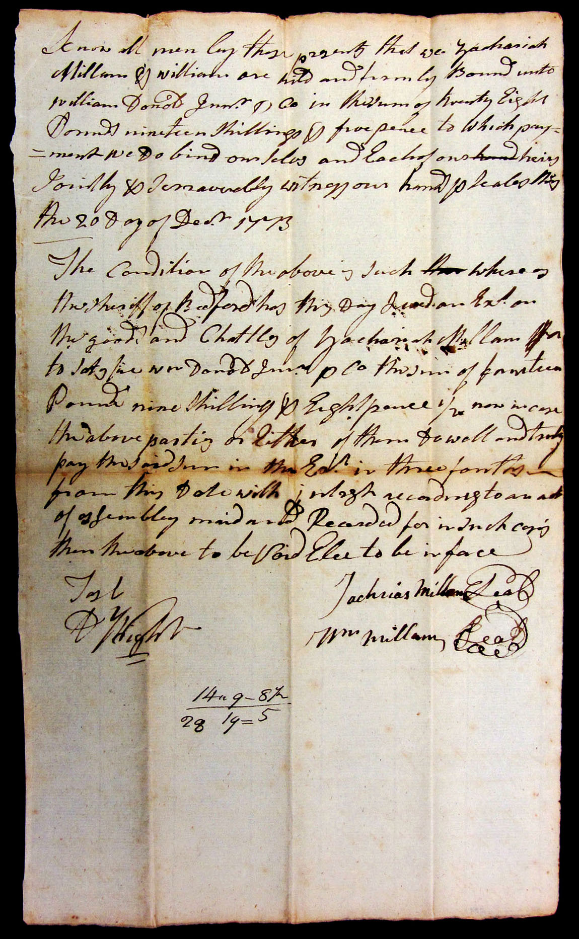 Zachariah MIlam Bond to William Donald Co 20 DEC 1773